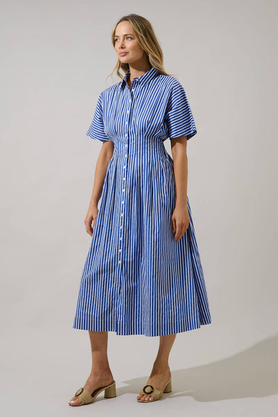 Barklin Stripe Wilderra Pleated Midi Dress: NavyWhite / XS - Lulu Bella Boutique