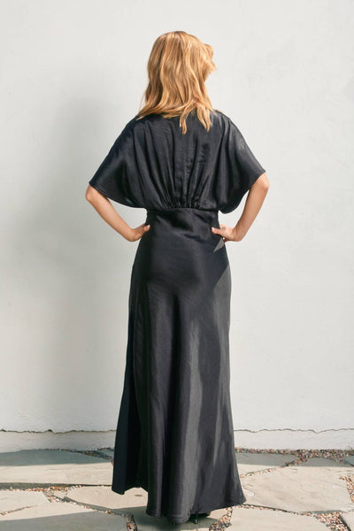 Satin Blouson Maxi Dress: BLACK