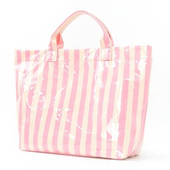 Large Striped Vinyl Tote Bags | 40P595: PINK GREEN - Lulu Bella Boutique