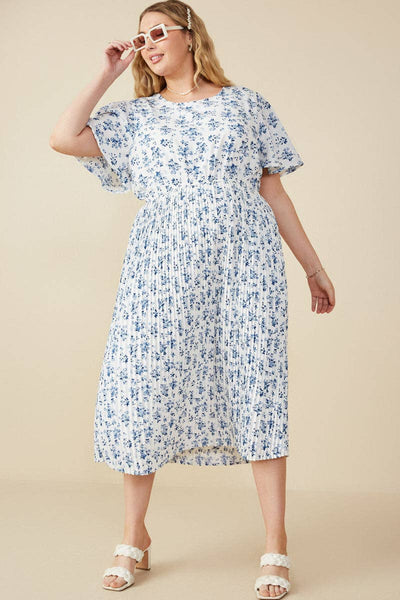 Womens Ditsy Floral Pleated Skirt Dress: Blue - Lulu Bella Boutique