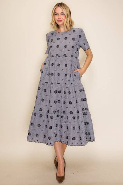 Gingham Embroidered Babydoll Midi Dress: Black/Ivory