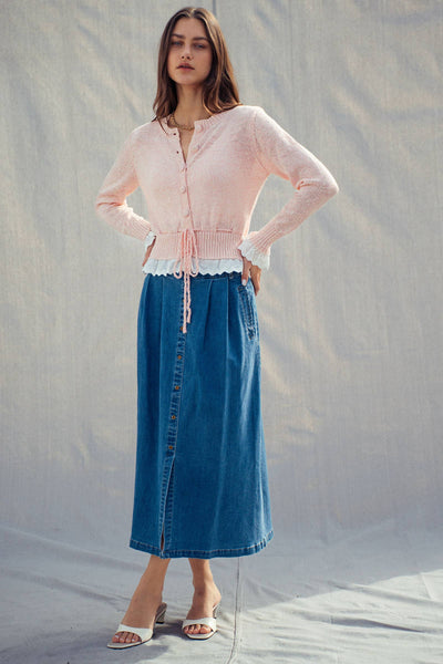 Button-Front Denim Midi Skirt: DENIM / S-2/M-2/L-2 - Lulu Bella Boutique