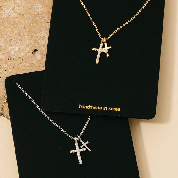 Cz Pave Double Cross Pendant Necklace: G - Lulu Bella Boutique
