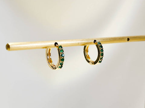 E162 paved huggie hoop earring, huggie earring, paved hoop: Green