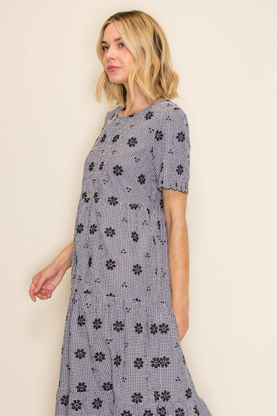 Gingham Embroidered Babydoll Midi Dress: Black/Ivory