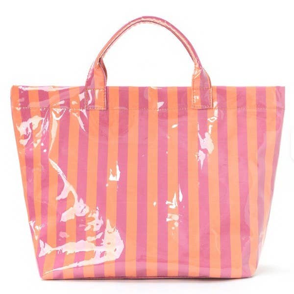 Large Striped Vinyl Tote Bags | 40P595: PINK GREEN - Lulu Bella Boutique