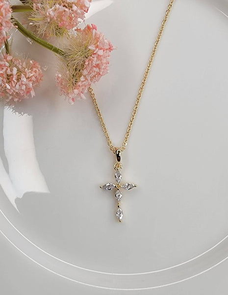 CZ Small Cross Necklace: Gold - Lulu Bella Boutique