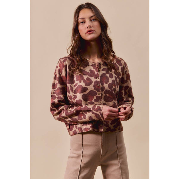 LEOPARD PRINT BUTTON UP SWEATER CARDIGAN: LEOPARD