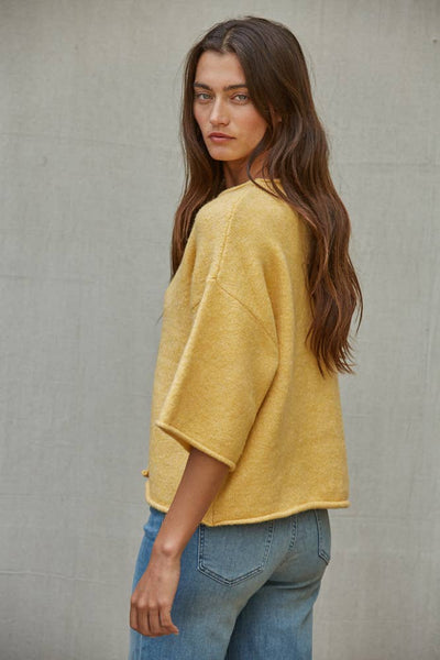 Knit Sweater Quarter Sleeve Button Up Cardigan Top: Light Mustard