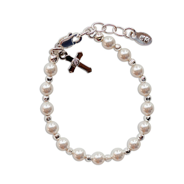 Silver Pearl Cross Bracelet for Baptism or Christening Gift