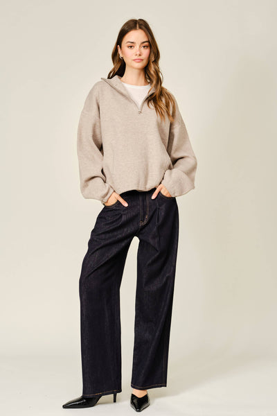 WOOL MIX HALF ZIP UP PULLOVER SWEATER: MOCHA