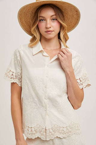 Embroidered Lace Trimmed Button Down Shirt: NATURAL - Lulu Bella Boutique