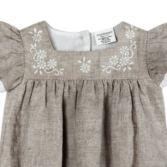 Lena Floral Embroidered Baby Romper + Headband (Linen Blend): Natural