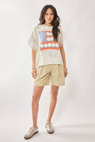 AMERICAN FLAG LOOSE FIT LACE SLEEVE HOODIE TOP: IVORY WHITE / L - Lulu Bella Boutique