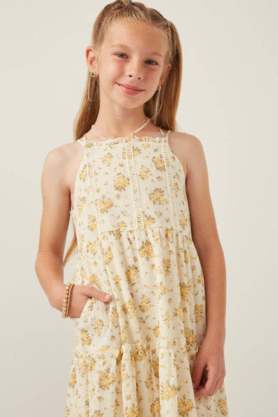 Girls Textured Lace Detail Strappy Back Dress: Yellow / S - Lulu Bella Boutique