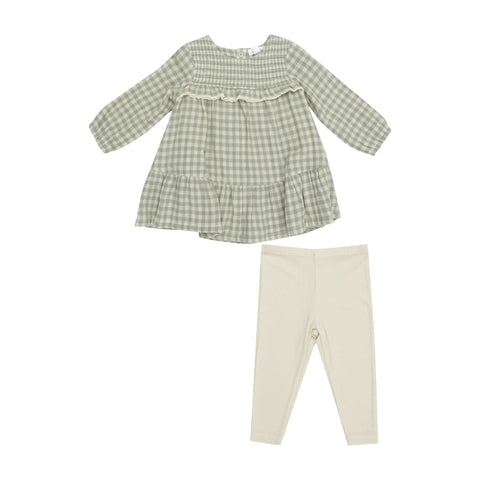 Smocked Ruffle Tiered Dress And Legging - Mini Green Gingham