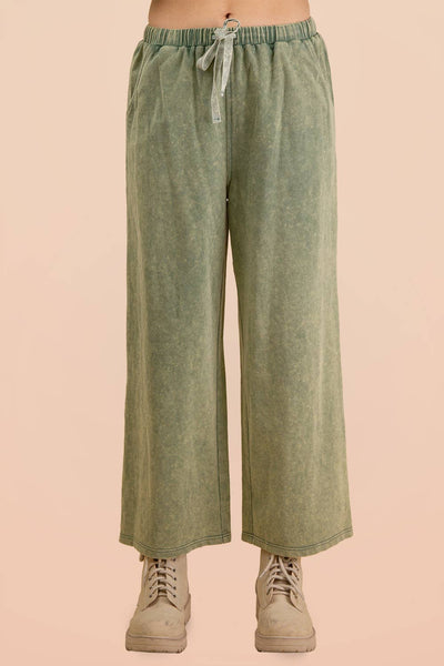 Mineral Washed Casual Knit Top & Pants Set: SAGE