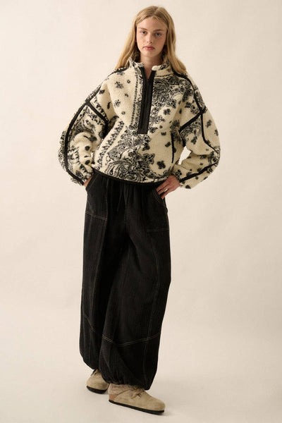 Floral Sherpa Fleece Half-Zip Pullover Jacket: Cream-Black / S - Lulu Bella Boutique