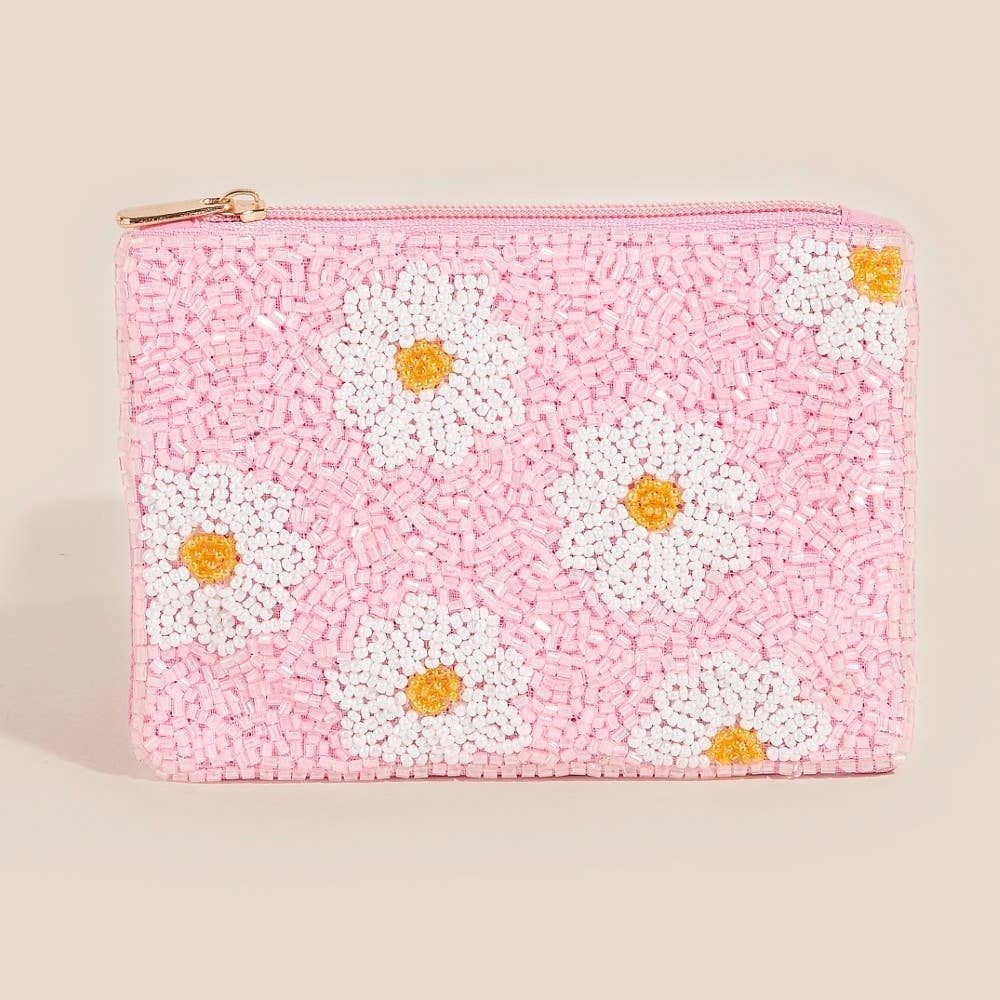 Daisy Flowers Pink Seed Beaded Coin Purse: MULTI