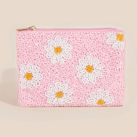 Daisy Flowers Pink Seed Beaded Coin Purse: MULTI