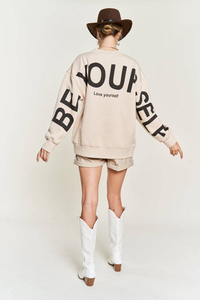 Printed oversized sweatshirt : Beige / S - Lulu Bella Boutique