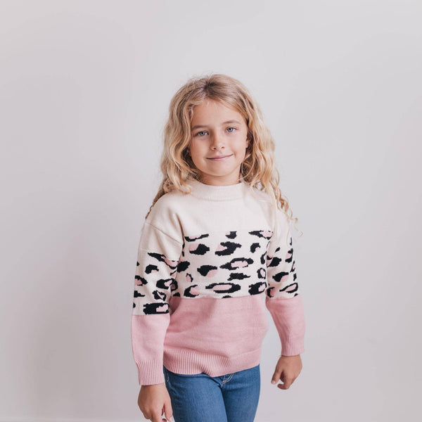 Kids Pink Cream Leopard Crew Neck Fall Winter Sweater: 5/6