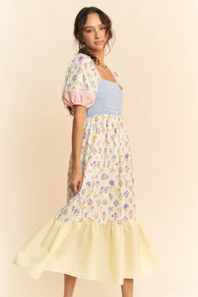 PLUS FLORAL BOUQUET PUFF SLEEVE TIERED DRESS: PASTEL YELLOW MULTI / 2XL - Lulu Bella Boutique
