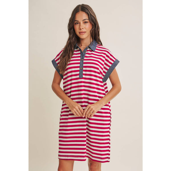 YACHT CLUB RELAXED FIT CASUAL STRIPE POLO MINI DRESS: BURGUNDY/CREAM
