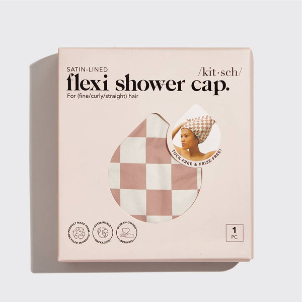 Satin Lined Flexi Shower Cap - Terracotta Checker - Lulu Bella Boutique