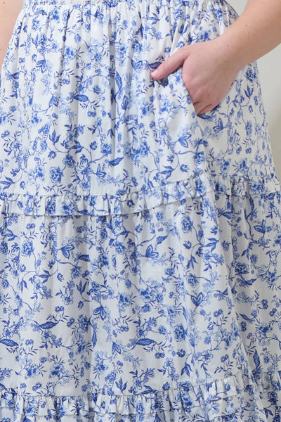 Kearny Floral Palmer Poplin Tiered Maxi Dress Curve: WHT-BLUES-MULT / 3X - Lulu Bella Boutique