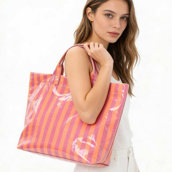 Large Striped Vinyl Tote Bags | 40P595: PINK GREEN - Lulu Bella Boutique