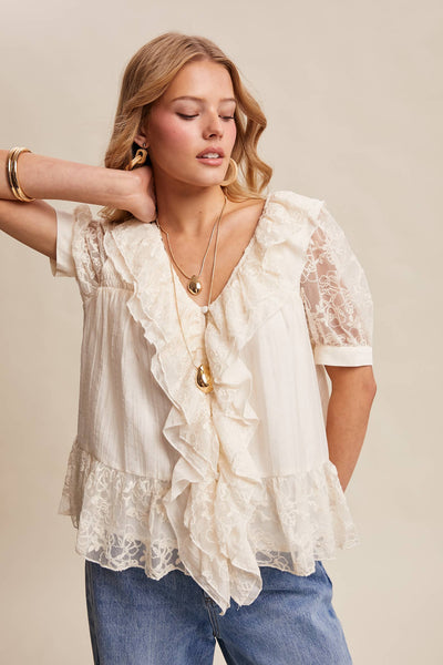 Lace Trim Ruffle Peplum Blouse LT1448: Cream / Contemporary / S - Lulu Bella Boutique