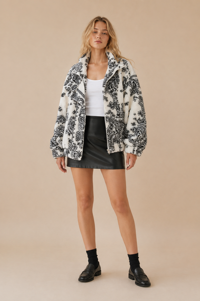 ***HALF PACK*** SA10133J - Paisley Sherpa Pullover Jacket: IVORY MULTI / S - Lulu Bella Boutique