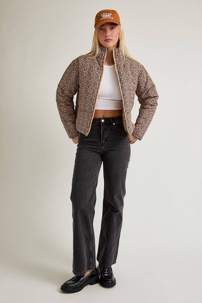 ANIMAL PRINTED PUFFER JACKET: TAUPE-BROWN ANIMAL