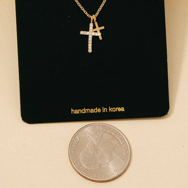 Cz Pave Double Cross Pendant Necklace: G - Lulu Bella Boutique