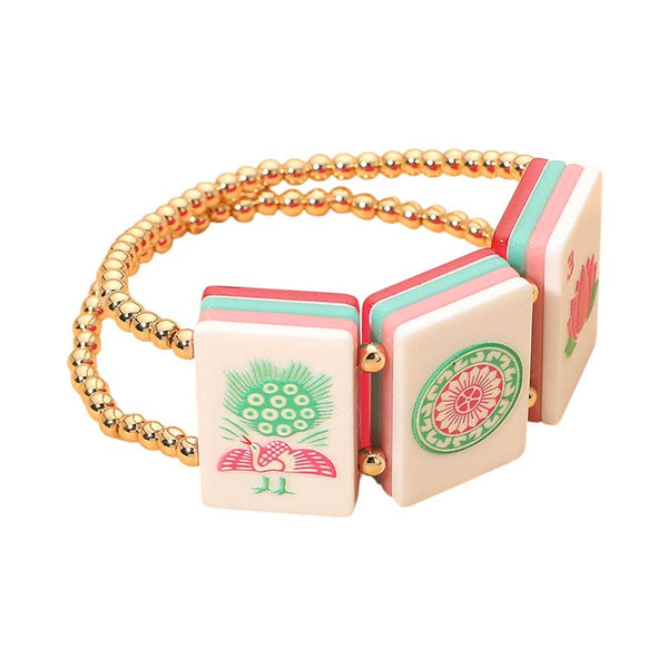 Mahjong Tile Beaded Stretch Bracelet: Gold,Multi