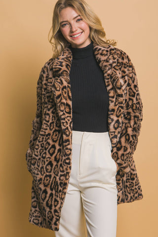 Animal Print Fur Coat w/ Pockets: CAMEL