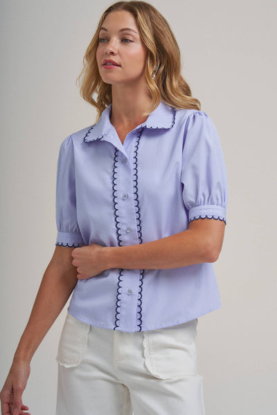 PIN STRIPE BLOUSE TOP WITH SCALLOP EDGE STITCHING DETAIL: BLUE/IVORY / S-M-L(2-2-2) - Lulu Bella Boutique