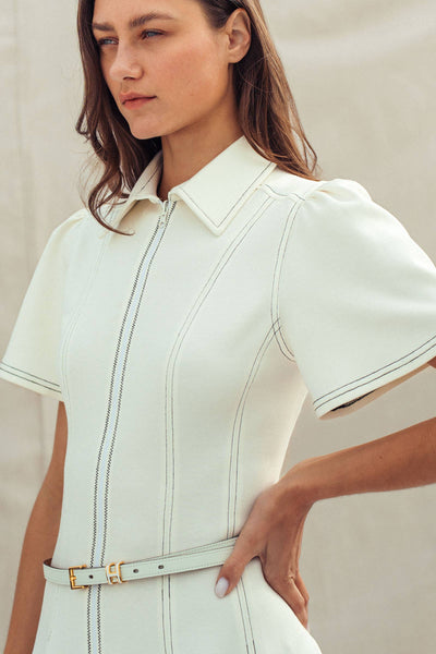 Contrast Stitch Zip Front Knit Mini Dress Belted: IVORY / S-M-L:2-2-2 - Lulu Bella Boutique