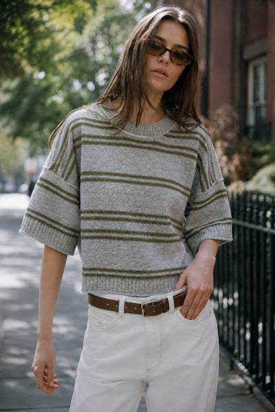 Soft Touch Striped Wide Sleeve Sweater: HEATHER GREY/OLIVE