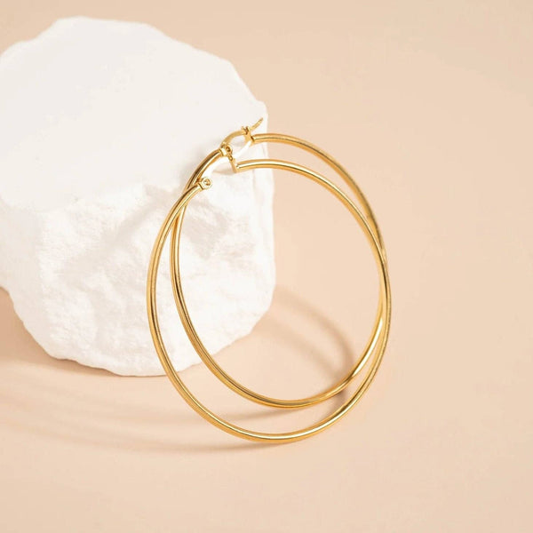 18K Gold PVD Stainless Steel Round Tube Hoop Earrings: Gold / 60mm
