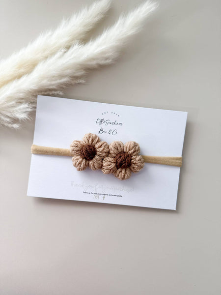Crochet Flowers Hair Clips & Headbands: Tan & Brown Flower / Pigtail Set - Lulu Bella Boutique