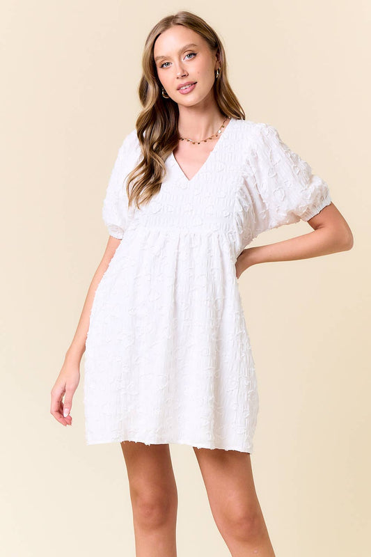Jacquard V-Neck Puff Short Sleeve Mini Dress - 27982D: OFF WHITE / S - Lulu Bella Boutique