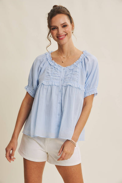 EFFORTLESS YET ELEVATED DELICATE RUFFLE AIRY COTTON BLOUSE: IRISH BLUE / S - Lulu Bella Boutique