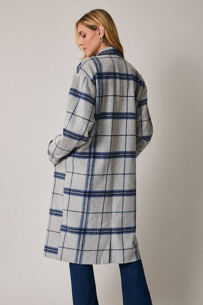 LONG SLEEVE COAT IN PLAID: GREY-BLUE PLAID