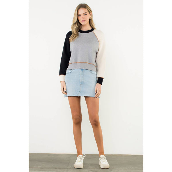 Colorblock Long Sleeve Knit Top: GRAY / XS-S-M-L(1-2-2-1) - Lulu Bella Boutique