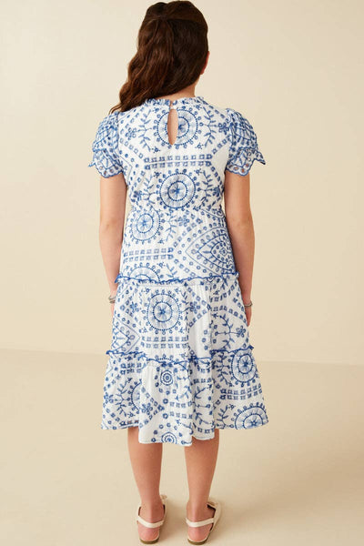 Girls Eyelet Lace Scallop Sleeve Midi Dress: Blue