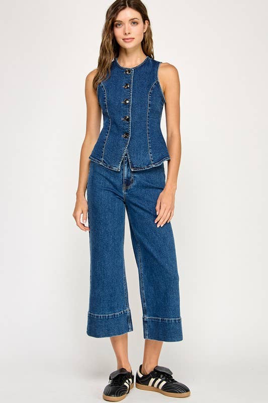 FITTED BUTTON FRONT DENIM TOP: Denim Blue / S - Lulu Bella Boutique