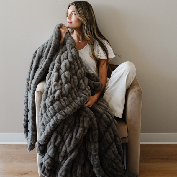 DOUBLE RUCHED FAUX FUR XL THROW BLANKETS: Flax - Lulu Bella Boutique