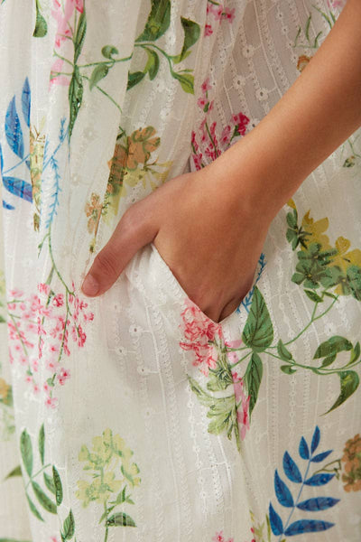 Girls Embroidered Textured Botanical Buttoned Dress: Off White